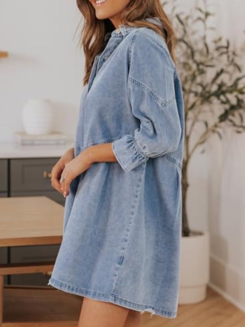 Womens Smocked 3 4 Sleeve Button Down Denim Jeans Dresses - Picture 3 of 6